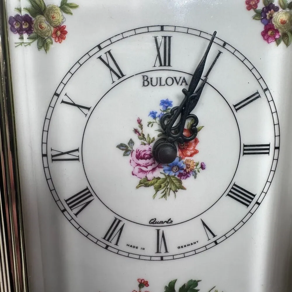 Vintage Bulova Floral Anniversary Mantle Carriage Clock Quartz‎ B 2093 Gold Tone